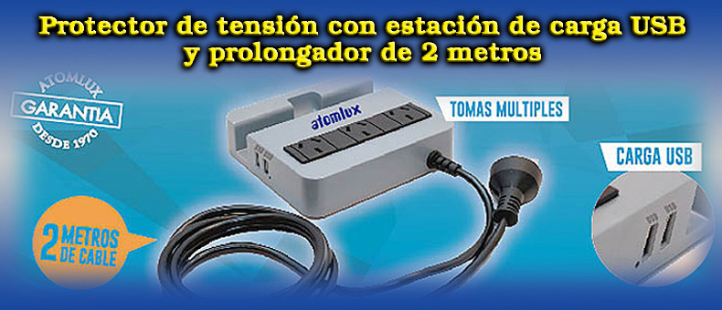 Protector de tensión con estación de carga usb
y prolongador de 2 metros.